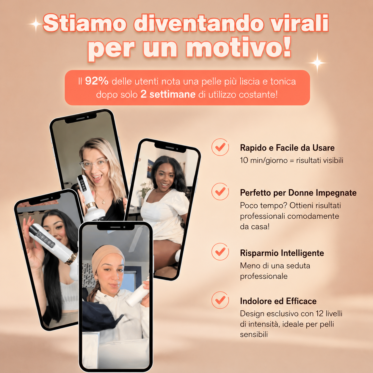 96% cellulite ridotta · 92% pelle più tonica · 90% pelle più liscia